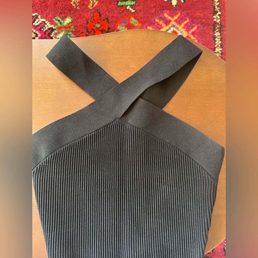 Aritzia Babaton Black Ribbed Knit Top with Cross Straps
